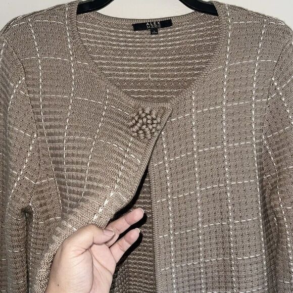 Alex Marie Brown Cardigan L Wool Sweater Flower Button White Grid Long Sleeve - Picture 2 of 12